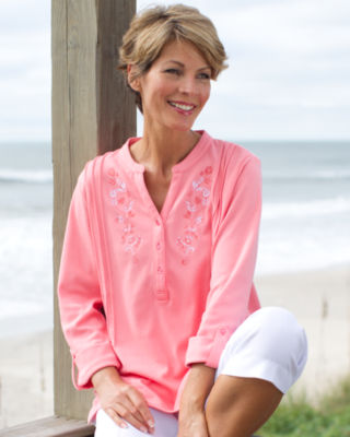 Split Neck Embroidered Knit Tunic