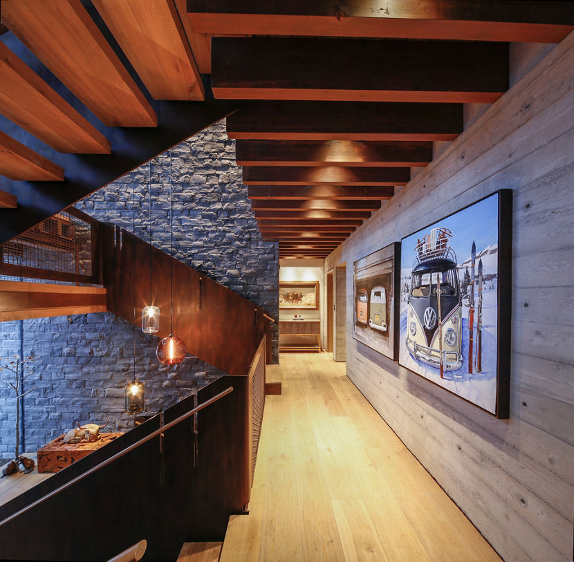 Hallway and stairwell with glass pendant lights