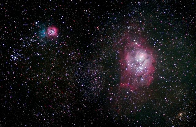 M8 (Lagoon Nebula), M20 (Trifid Nebula) and M21