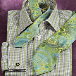 Trim Fit European Style Houndstooth Ground Stripe French Cuff Dress Shirt