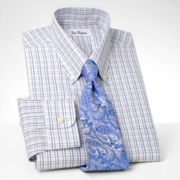 Non-Iron Cotton Broadcloth Grid Button Cuff Dress Shirt
