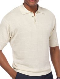 Spun Silk Grid Pattern Fine Gauge Short Sleeve Polo-Collar Sweater