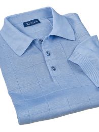 Spun Silk Grid Pattern Fine Gauge Short Sleeve Polo-Collar Sweater