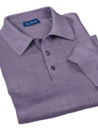 Spun Silk Grid Pattern Fine Gauge Short Sleeve Polo-Collar Sweater