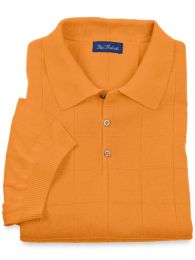 Spun Silk Grid Pattern Fine Gauge Short Sleeve Polo-Collar Sweater