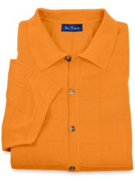 Spun Silk Grid Pattern Fine Gauge Short Sleeve Button Front Sweater