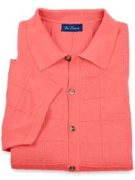 Spun Silk Grid Pattern Fine Gauge Short Sleeve Button Front Sweater