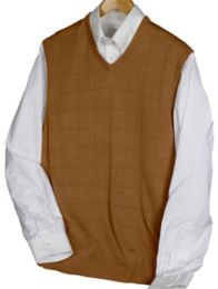 Spun Silk Grid Pattern Fine Gauge Short Sleeve V-Neck Sweater Vest