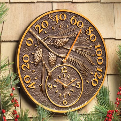 Antique Copper Pinecone Thermometer Clock