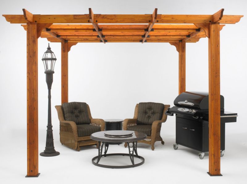 Sierra Pergola 10 Ft w-Roof-Wall-Base Redwood