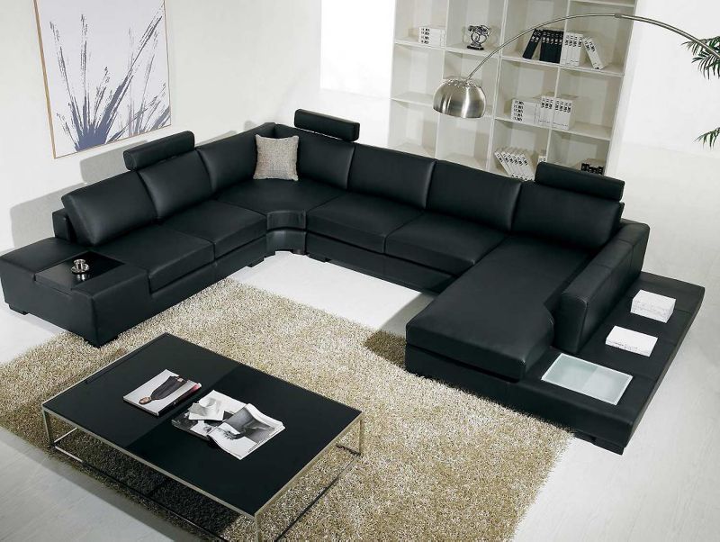 Modern Black Leather Sectional Living Room Set
