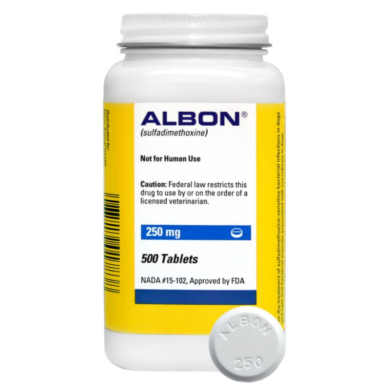 Albon is an antibiotic used to treat bacterial infections in cats and dogs. Albon works by interfering with the ability of bacteria to reproduce. Dosage: Please consult your veterinarian for proper dosage and instructions. Item Specifications: F or Use: Dogs and Cats Active Ingredient: Sulfadimethoxine Side Effects: Sulfa crystals may appear in your pet's urine. Your pet should be allowed to drink plenty of water while taking this medication. Other side effects that may occur include KCS or dry eye, anemia, fever, loss of appetite, vomiting or diarrhea, joint inflammation, kidney damage, and skin rash. Stop the medication and contact your veterinarian if any of the above symptoms occur. Other side effects may also occur. Talk to your veterinarian about any side effect that seems unusual or bothersome to your pet. Signs of an allergic reaction may include facial swelling, hives, scratching, sudden onset of diarrhea, vomiting, shock, seizures, or coma. If these signs occur, contact your