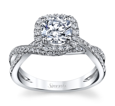 Vintage style simon g halo engagement ring with micro pave