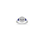 Halo Half Moon Shaped Sapphire and Round Diamond Engagement Ring