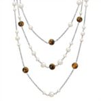 5-9mm Cultured Freshwater Pearl, Tiger's Eye, and Sterling Silver Necklace (20)