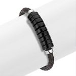 Braided Leather, Black Agate and Sterling Silver Bracelet (8 in.)