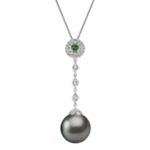 14mm Cultured Tahitian Pearl, Round Green Sapphire, and Diamond Pendant (22 in.)