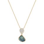 Freeform Blue Green Sapphire, Pear Shaped and Round Diamond Pendant (18 in.)