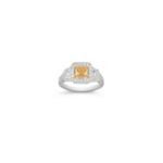 Halo Trapezoid and Round Diamond Engagement Ring in Two-Tone Gold