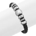 Black Braided Leather and Stainless Steel Bracelet (8.5 in.)