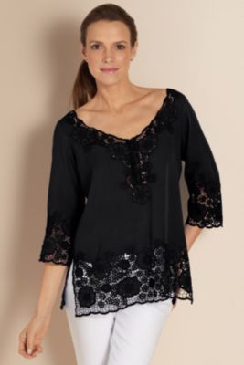 Women's Plus Size Linen/Rayon White Cutwork and Embroidered Toujours Tunic - Black