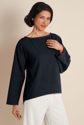 Jewel Neckline Cotton Gauze Pullover - Black