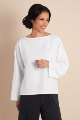 Jewel Neckline Cotton Gauze Pullover - White