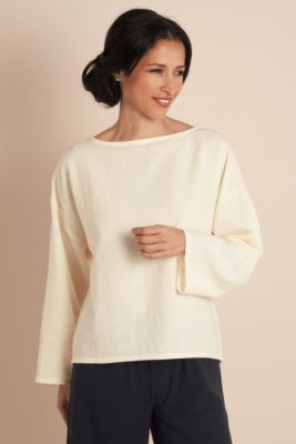 Jewel Neckline Cotton Gauze Pullover - Brown