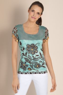 Women's Plus Size Turquoise and Chocolate Floral Batik Cotton Th
