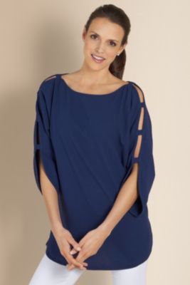 Women's Plus Size Slit Dolman Sleeve Gauze Tunic with Bateau Neckline - Blue