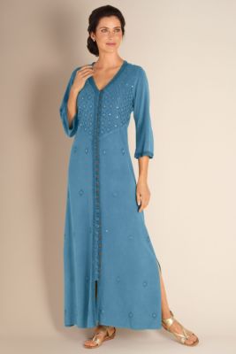 Women's Plus Size Sueded Rayon Embroidered Sandwashed Dress - Blue