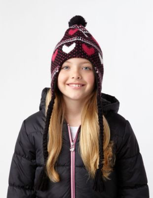 Girls' Sleigh Ride Heart Beanie - Black Patterned