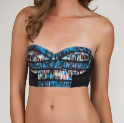 Women's Record Scratch Underwire Bustier Swim Top - Black Patterned