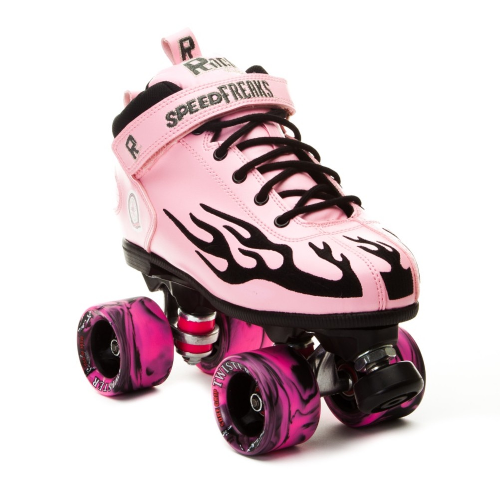 Rock Pink Flame Swirl Womens Speed Roller Skates 2013, Pink-Black Flames, medium