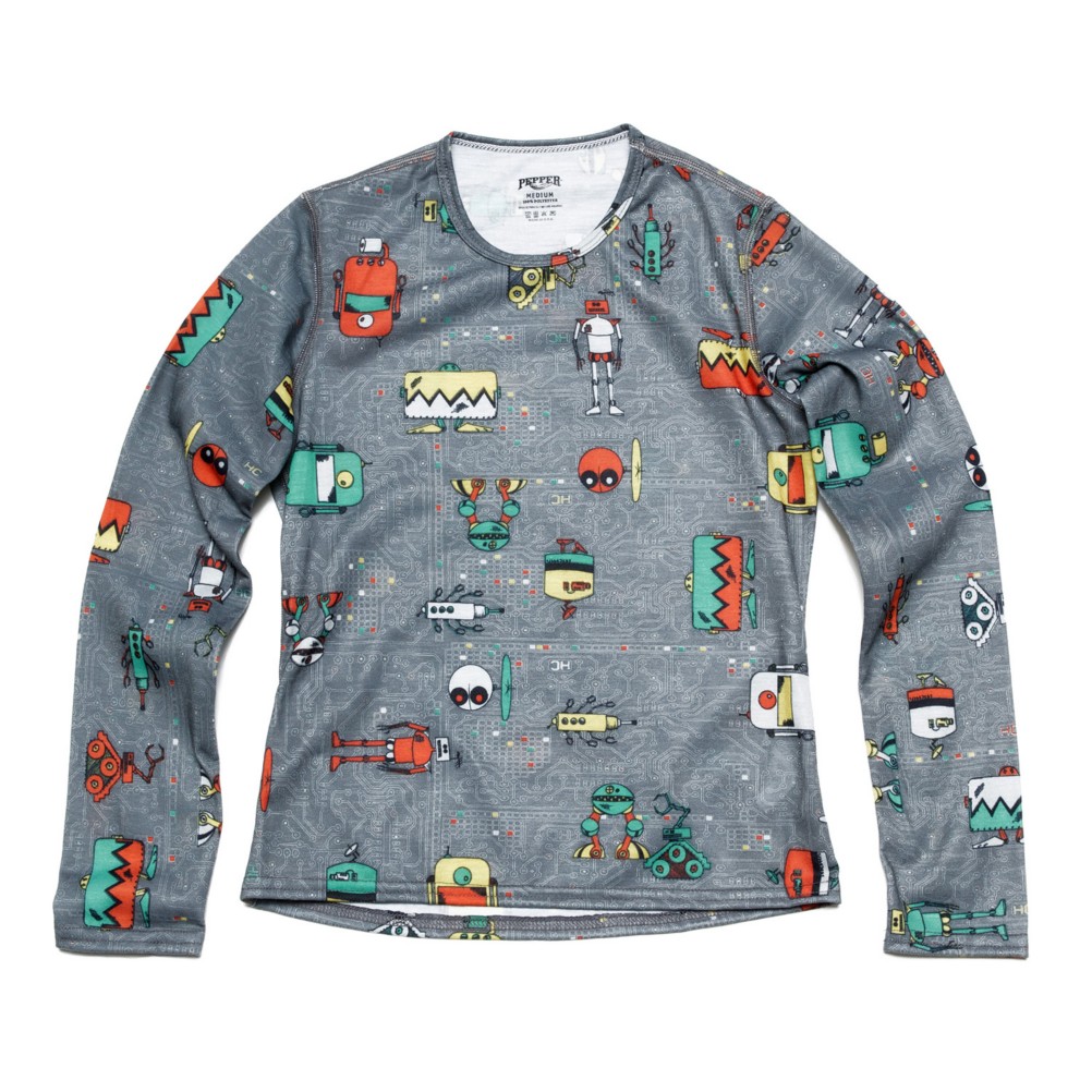 Hot Chillys Skins Print Crewneck Kids Long Underwear Top, Bots Charcoal, medium