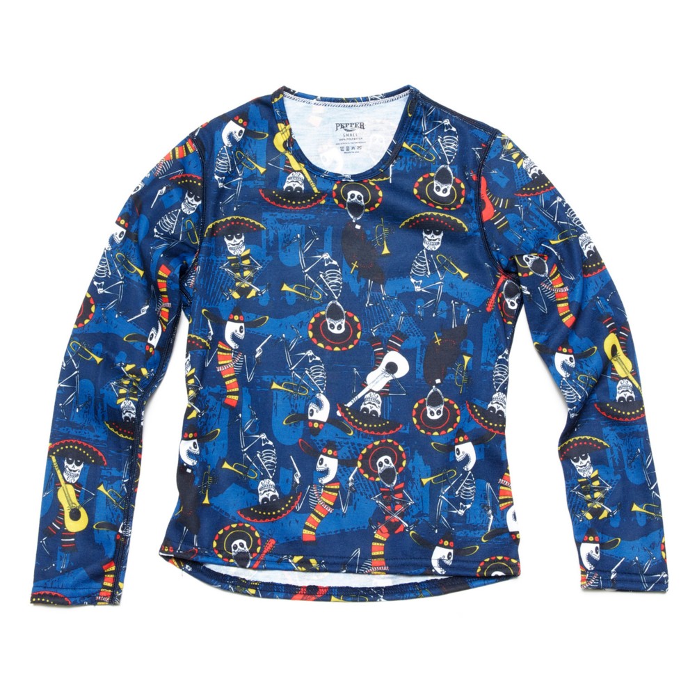 Hot Chillys Skins Print Crewneck Kids Long Underwear Top, Mariachi Navy, swatch