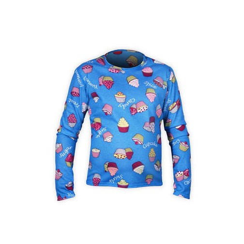 Hot Chillys Skins Print Crewneck Girls Long Underwear Top, Cupcakes Blue, medium