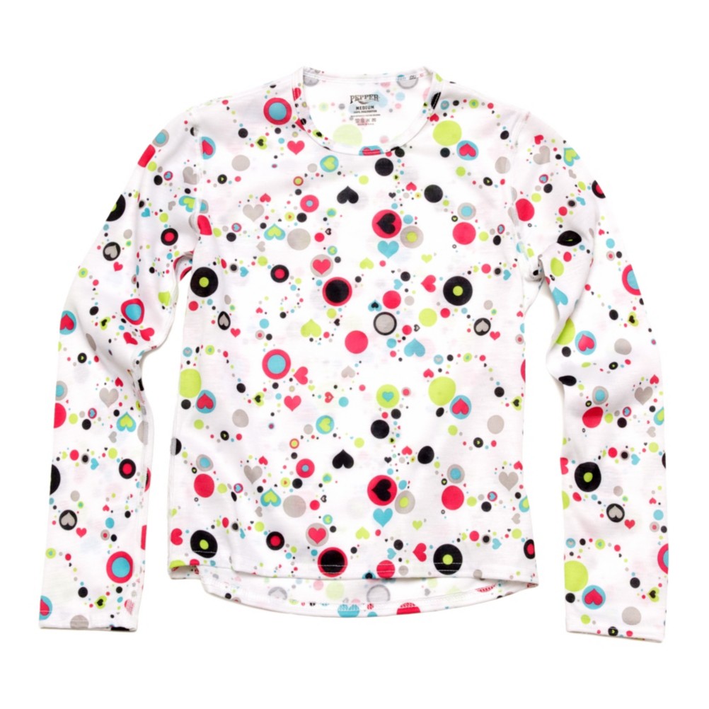 Hot Chillys Skins Print Crewneck Girls Long Underwear Top, Dots And Hearts White, swatch