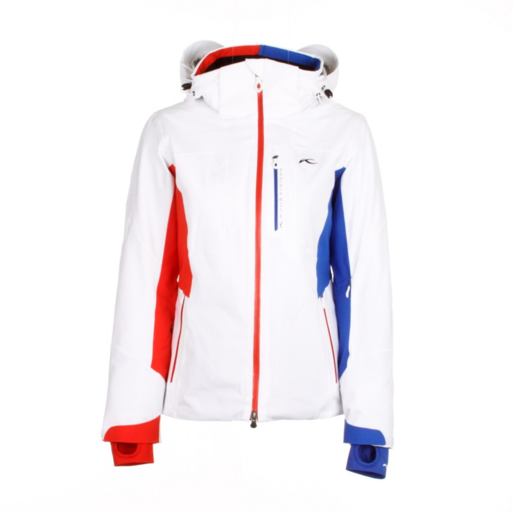 KJUS Formula Womens Insulated Ski Jacket, White-Fiery Red-Dazzling Blue, medium