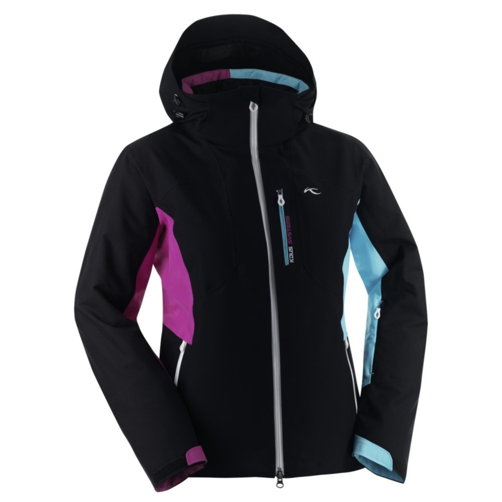 KJUS Formula Womens Insulated Ski Jacket, Black-Fuchsia Red-Blue Atoll, swatch