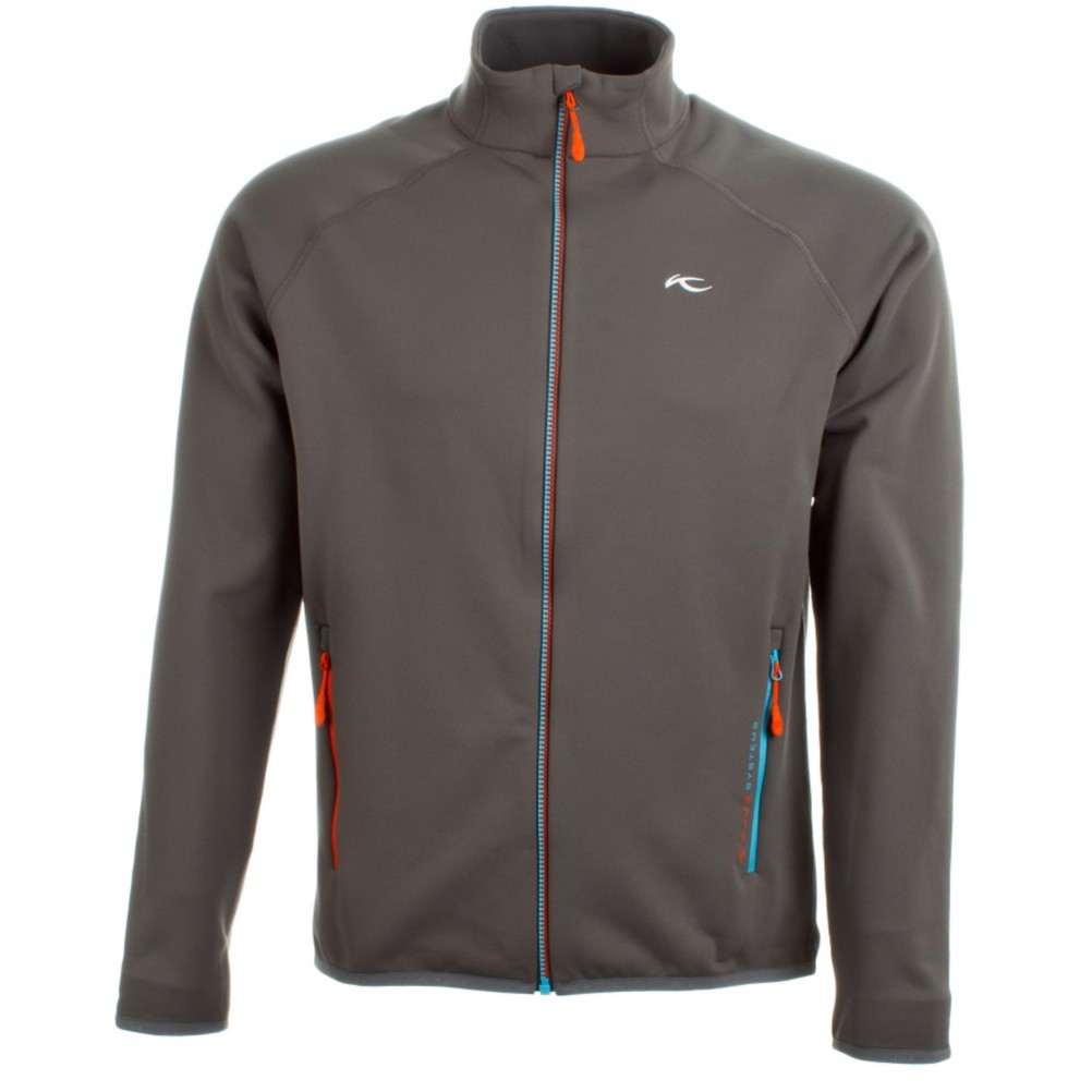 KJUS Charger Stretch Mens Mid Layer, Gunmetal-Red Orange-Blue Atoll, swatch