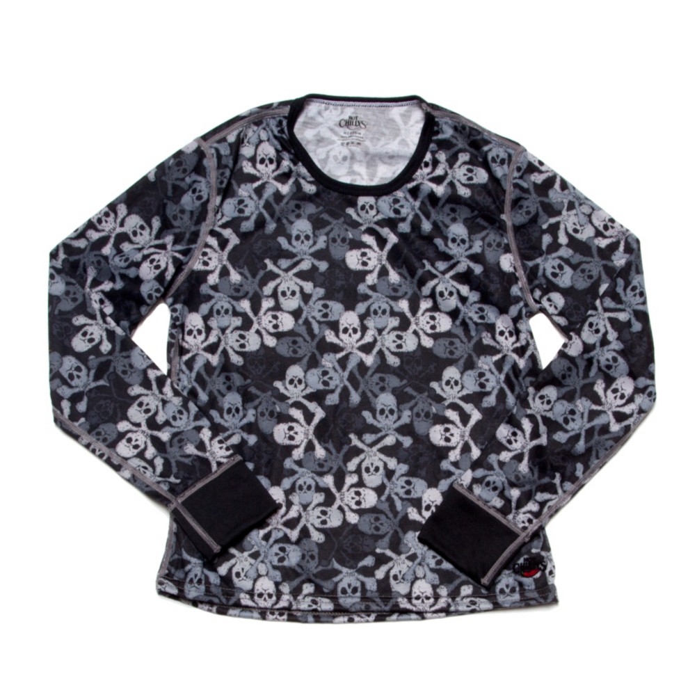 Hot Chillys Mid Weight Print Crewneck Kids Long Underwear Top, Pirates, medium