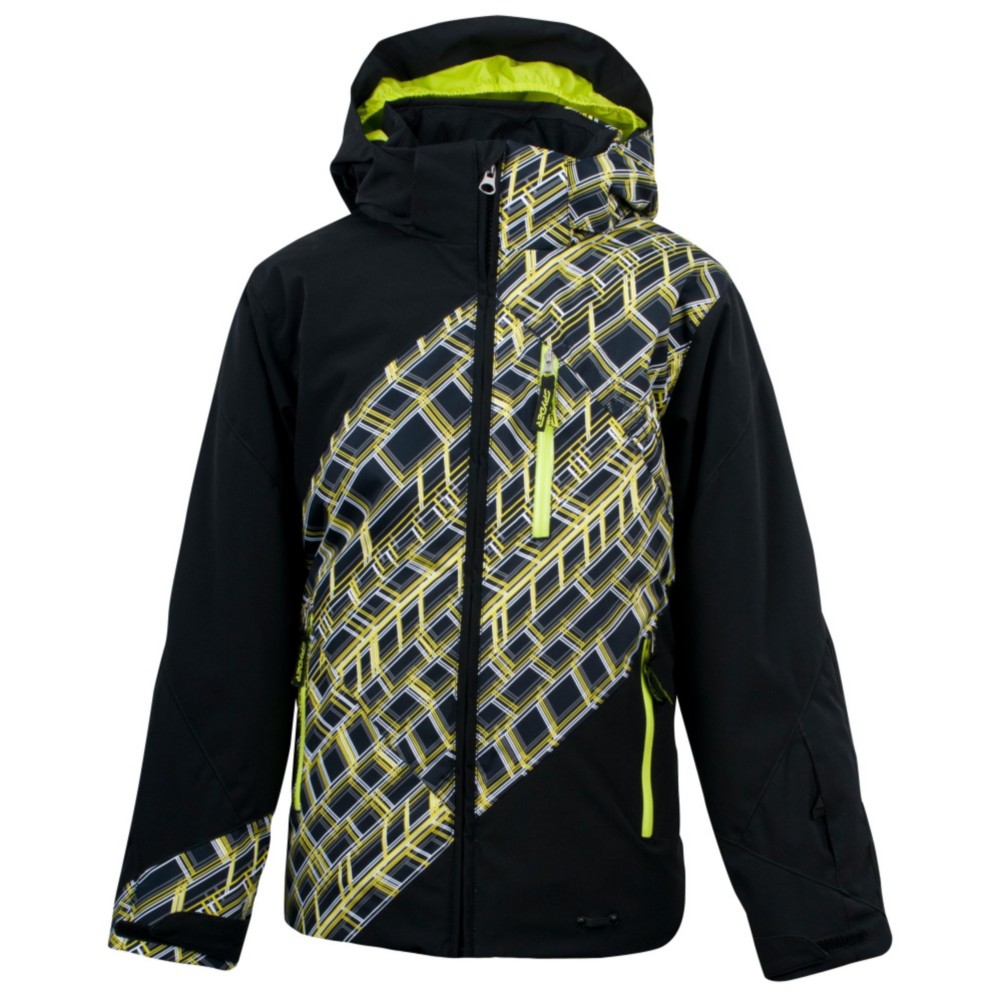 Spyder Enforcer Boys Ski Jacket, Lime Mosaic Print-Black-Black, swatch