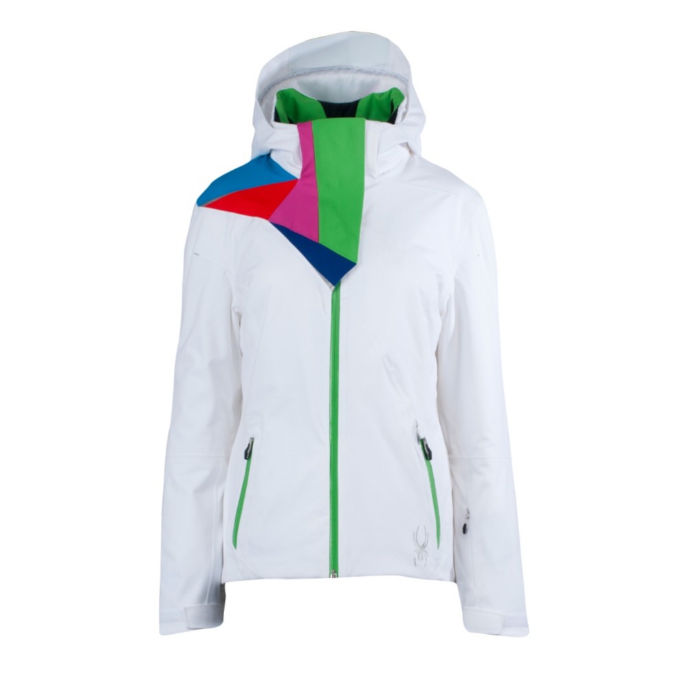 Spyder Power Athletic Fit Womens Insulated Ski Jacket, White-Classic Green, swatch