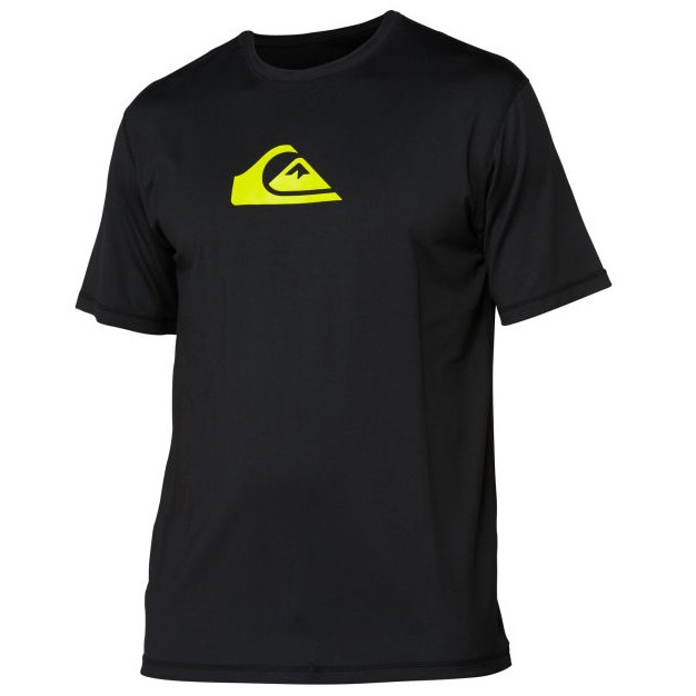 Quiksilver Solid Streak Short Sleeve Mens Rash Guard, Black-Green, medium