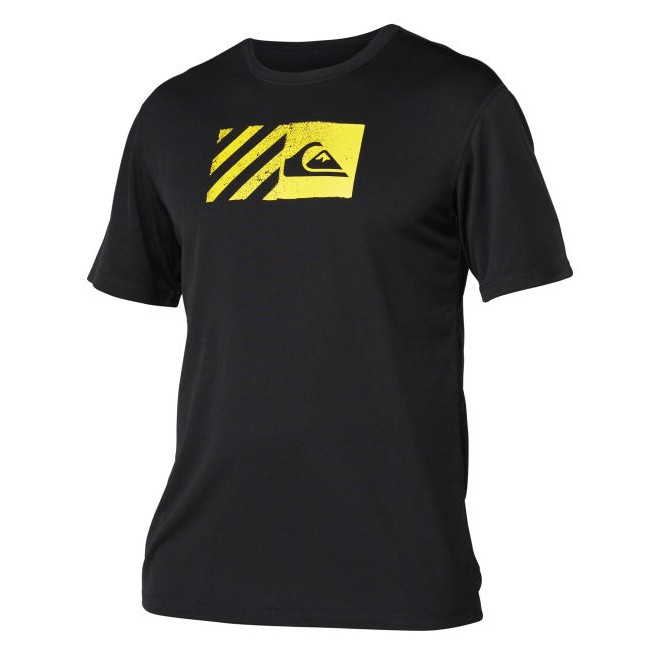 Quiksilver Back Track Short Sleeve Mens Rash Guard, Black-Yellow, medium