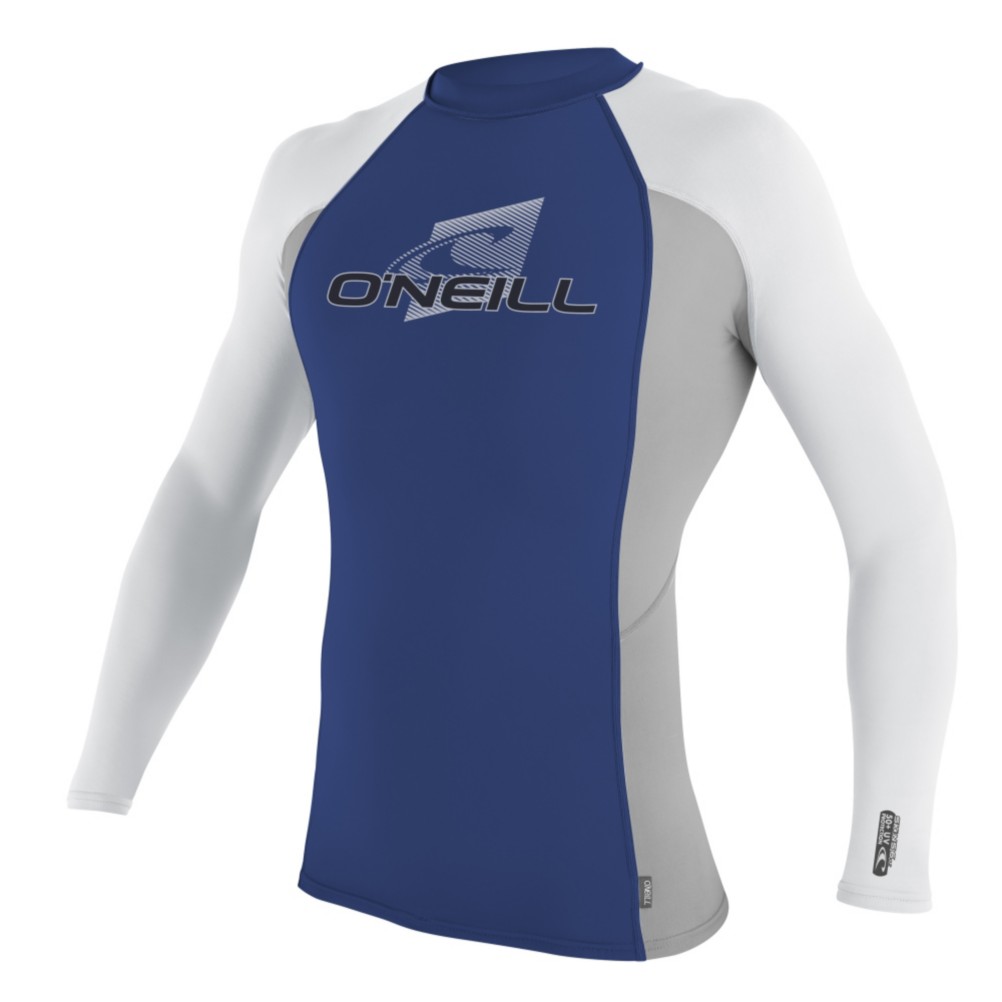 O'Neill Skins Long Sleeve Mens Rash Guard, Pacific Blue-Flint-White, medium