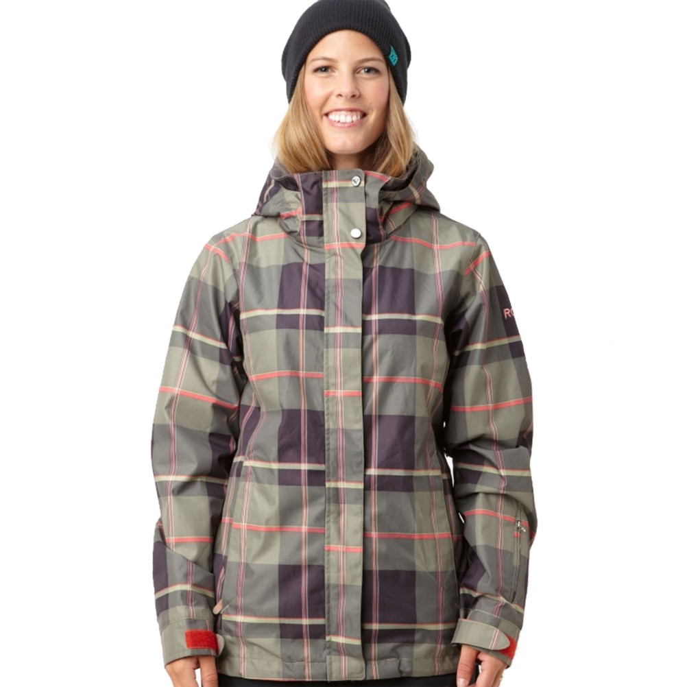 Roxy Jet Womens Insulated Snowboard Jacket, Military-Blush Plaid, swatch