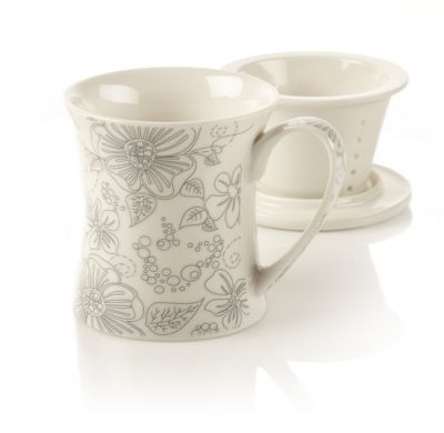 New Bone China Infuser Mug with Flower Design, Linea Poppy, 10oz