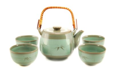Teavana Mint Bamboo Teapot Set with four cups